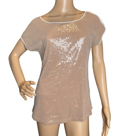 Calvin Klein Women's Size Small Tunic Beige Gold Sequin Cotton Blend Crew Neck - Picture 1 of 9